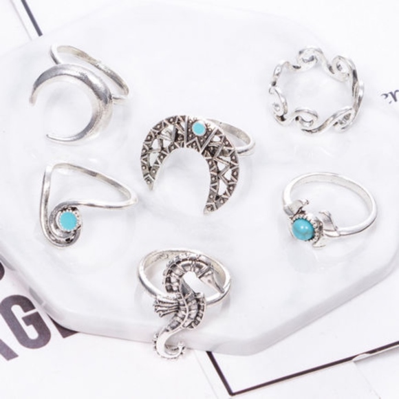 6Pcs Crescent Moon Seahorse Turquoise Ring Set - Picture 3 of 5